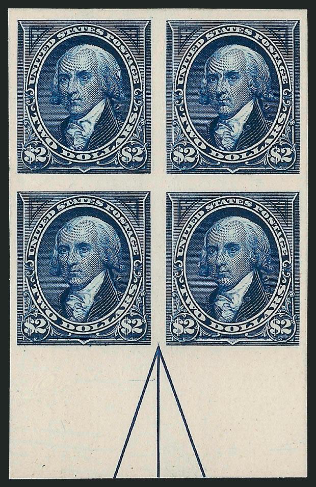 $2.00 Dark Blue, Plate Proof on Card (262P4).> Bottom arrow block of four, large margins all around, intense shade and impression, faint vertical crease, Very Fine appearance, a rare plate proof position piece
and unique from this position