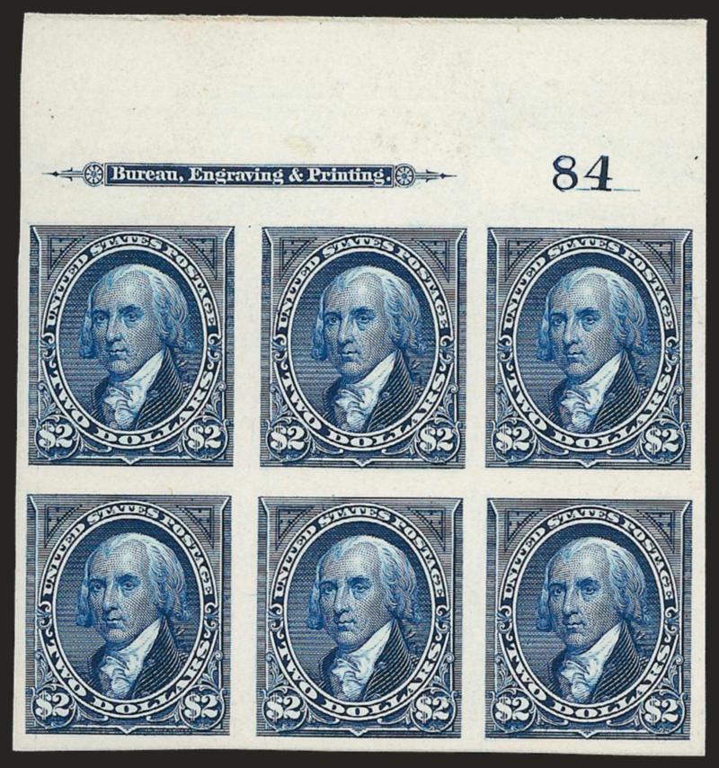 $2.00 Dark Blue, Plate Proof on Card (262P4).> Top imprint and plate no. 84 bock of six, large margins, rich color<><>^VERY FINE AND CHOICE. A BEAUTIFUL AND RARE $2.00 BUREAU ISSUE PLATE BLOCK ON CARD.^<><>This
is an excellent opportunity to acqu
