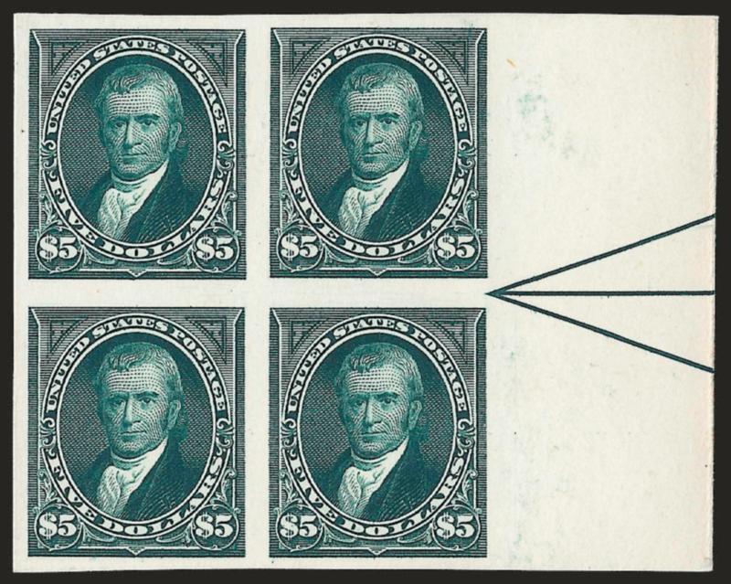 $5.00 Dark Green, Plate Proof on Card (263P4).> Right arrow block of four, rich color on bright paper, large margins all around, Very Fine and choice, a scarce and desirable position multiple, all arrow
positions on the $2.00 and $5.00 are unique, ex