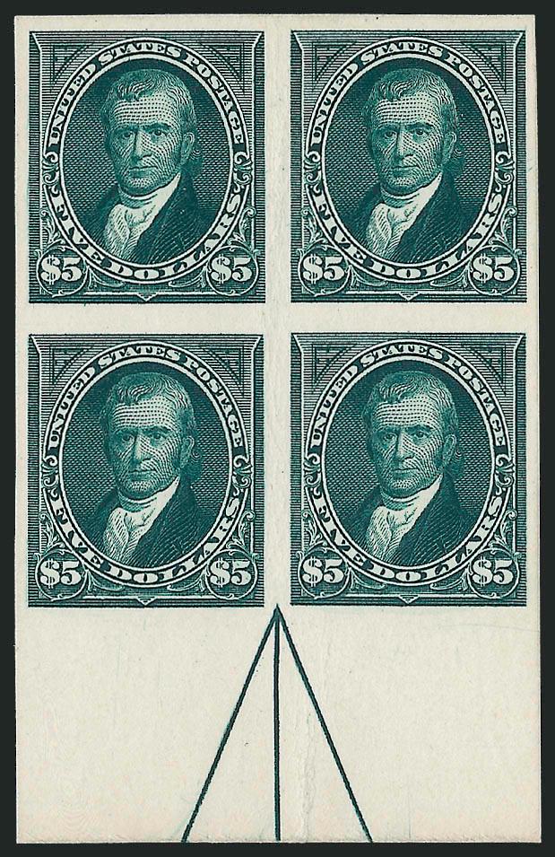 $5.00 Dark Green, Plate Proof on Card (263P4).> Bottom arrow block of four, large margins all around, light vertical crease, Very Fine appearance, unique from this position