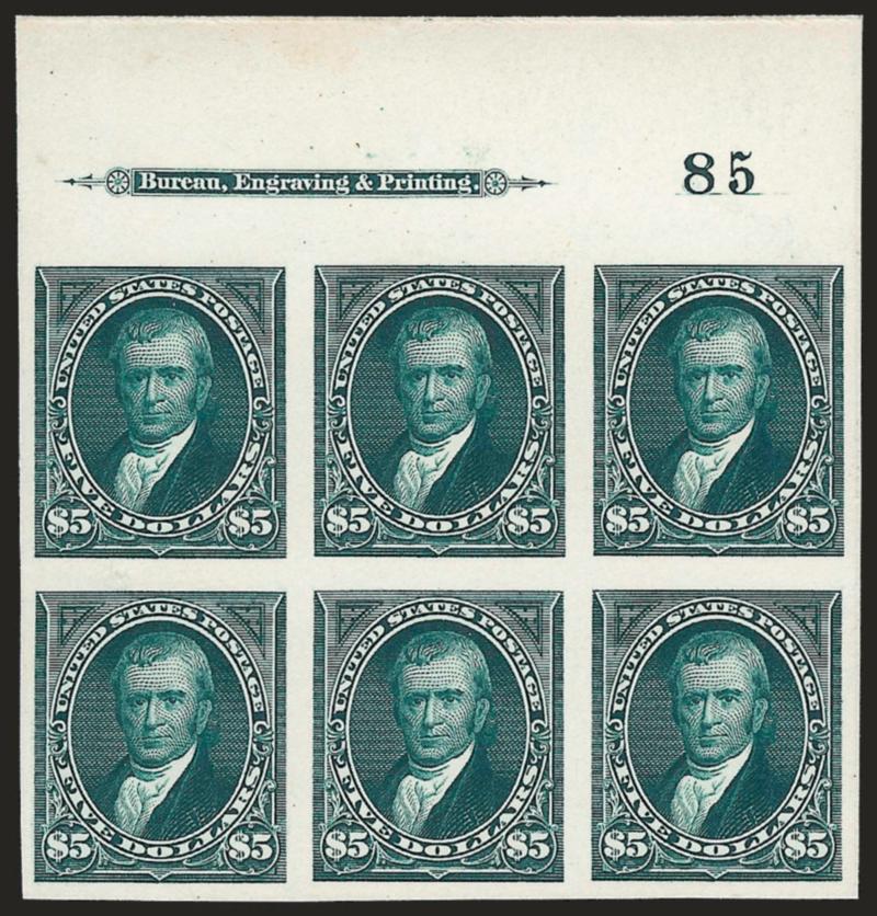 $5.00 Dark Green, Plate Proof on Card (263P4).> Top imprint and plate no. 85 block of six, large margins, gorgeous color on bright paper<><>^EXTREMELY FINE. A SUPERB TOP POSITION PLATE BLOCK OF THE $5.00 BUREAU
ISSUE ON CARD.^<><>This is an excel