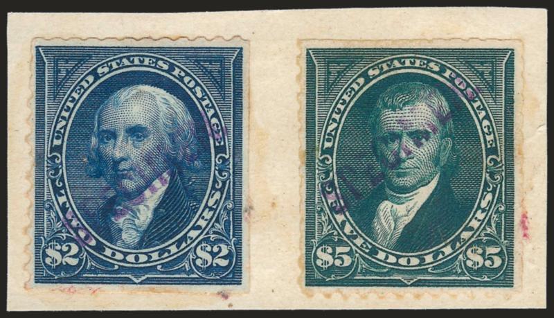 1c-$5.00 Bureau Issue, Natal Specimen Ovpt. (264S-278S).> Four pieces containing every denomination, each with purple Specimen overprint applied at Natal, few flaws incl. first four damaged<><>^VERY FINE
APPEARANCE. THE UNIQUE SET OF THE 1895 B