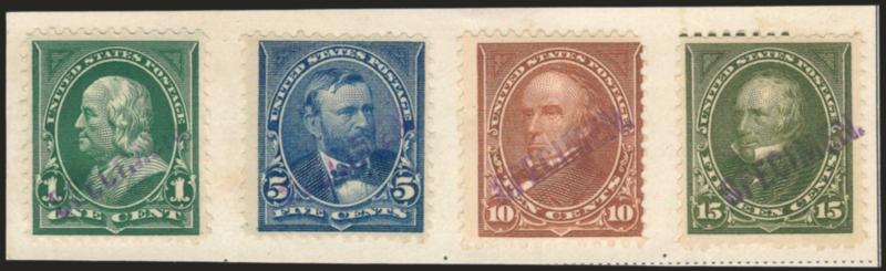1c-15c 1898 Issue, Natal Specimen Ovpts. (279S, 281S, 282CS, 284S).> Affixed to piece from page, rich colors, fresh and Fine-Very Fine, rare, it is evident that the 2c and 4c from the later change of colors were
not affixed to the book as their col