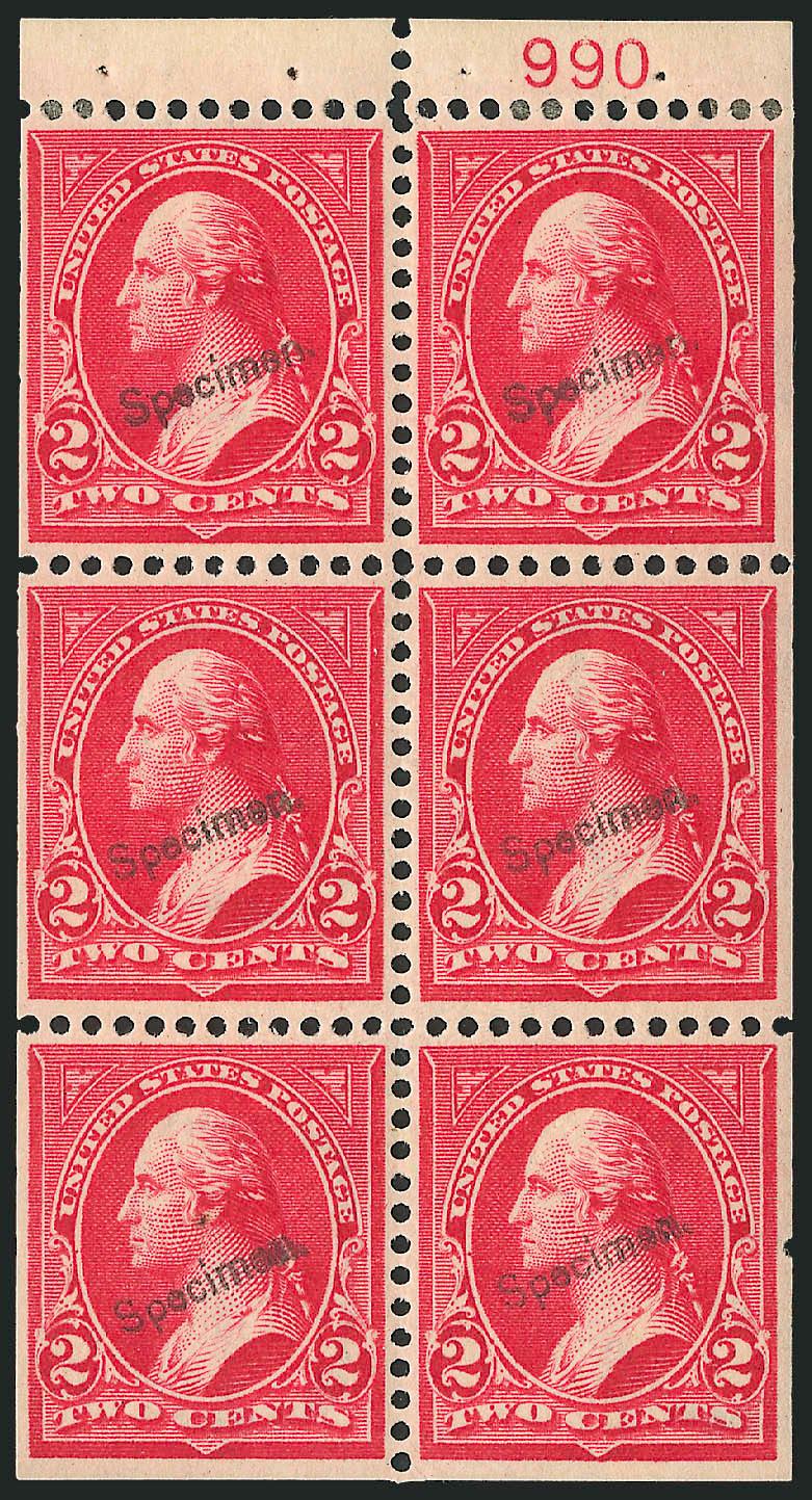 2c Red, Horizontal Wmk., Specimen Ovpt. Ty. E (279BjS-E).> Plate no. at top right, original gum, watermark is actually reversed, Very Fine, unusual and desirable variety with the plate so., signed in pencil by
Bartels