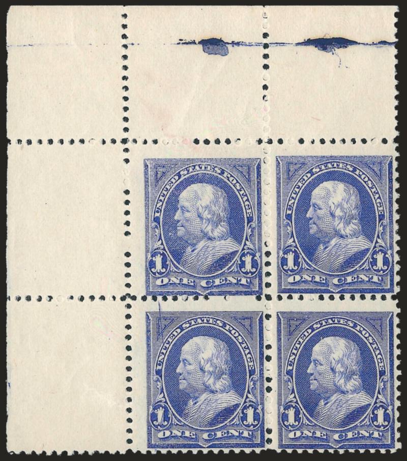 1c Ultramarine (246).> Mint N.H. top left corner selvage block of four, bottom left stamp <gash in triangle> at top left, rich color, Fine, Scott Retail as four Mint N.H. singles with no premium for the gash
position (described in <<Sloanes Column,