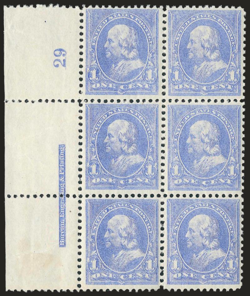 1c Ultramarine (246).> Left imprint and plate no. 29 block of six, original gum, lightly hinged, brilliant color, fresh and Fine-Very Fine, an attractive plate block
