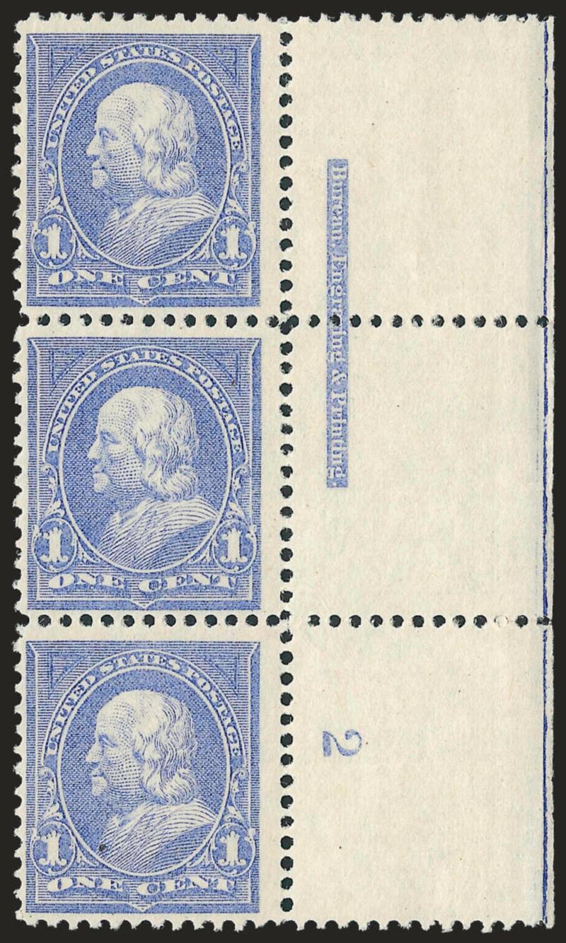1c Ultramarine, 2c Pink, Ty. I (246, 248).> Imprint and plate no. strips of three, 1c with <plate no. 2> at right, 2c with <plate no. 1> at top, first barely hinged, bright colors, fresh and Very Fine,
especially desirable showing the first two plate