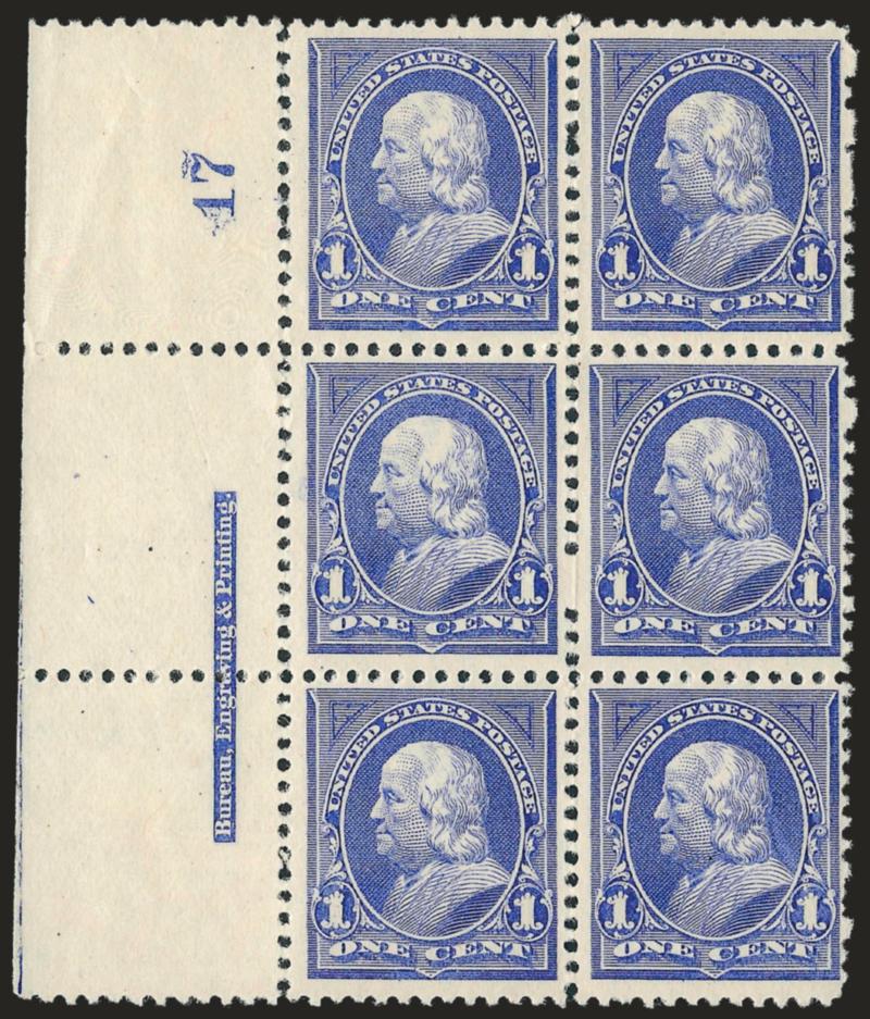 1c Ultramarine, 1c Blue (246-247).> Imprint and plate no. blocks, first plate no. 17 at left, second plate no. 29 at top, original gum, first h.r., few flaws incl. second with thin spot on top center stamp,
otherwise Fine-Very Fine