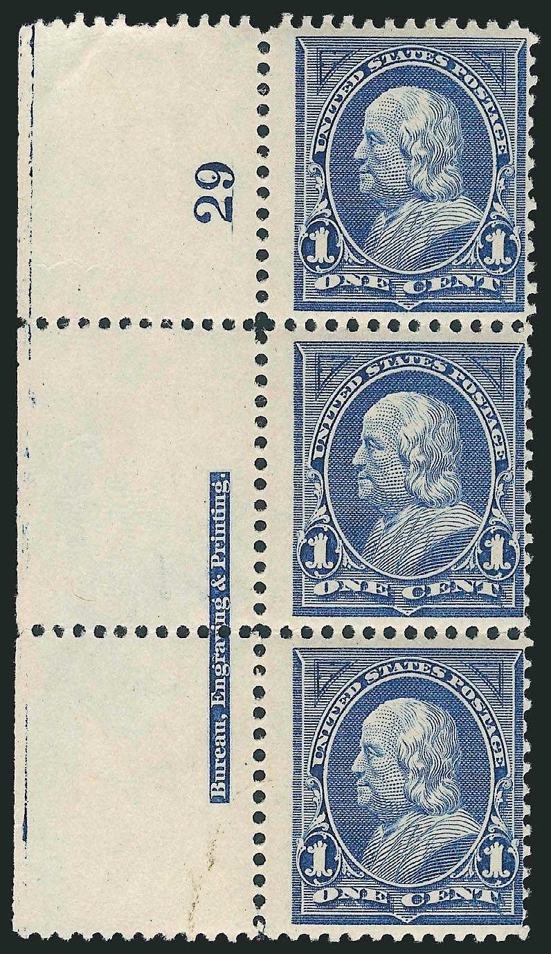 1c Blue (247).> Nine imprint and plate no. strips of three all different plate nos. incl. 21, 24, 29, 33, 35, 98, 99, 101 and 102, some stamps Mint N.H., overall Fine-Very Fine, Scott Retail as hinged and Mint
N.H.