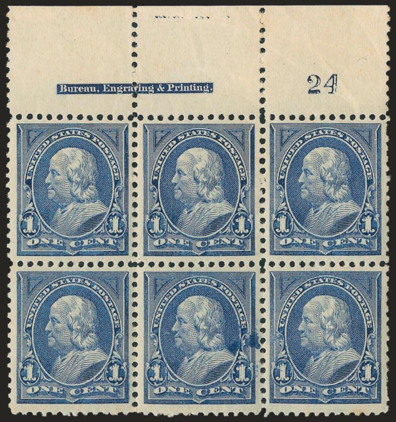 1c Blue (247).> Top imprint and plate no. 24 block of six, choice centering, original gum, top center stamp h.r., few natural gum bends, bottom center stamp unusual overinking flaw, bottom right stamp few short
perfs, still Very Fine