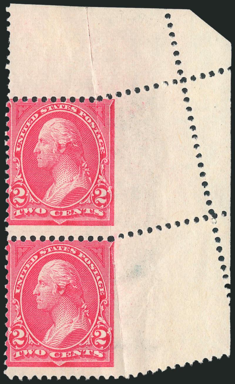 2c Pink, Ty. I (248).> Vertical pair from the top right corner of the sheet, original gum, with foldover causing <imperforate at right variety,> stamps with vertical crease at right from foldover and with the
perfs wildly off-course in far edge of se