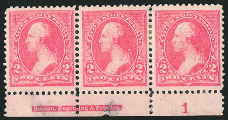 2c Pink, Ty. I (248).> Eleven imprint and plate no. strips of three, plate nos. incl. no. 1, 8, 9, 10, 11, 19, 20, 23, 25, 26 and 32, some stamps Mint N.H., bright colors, few flaws incl. first with thin spots,
overall Fine-Very Fine, Scott Retail as
