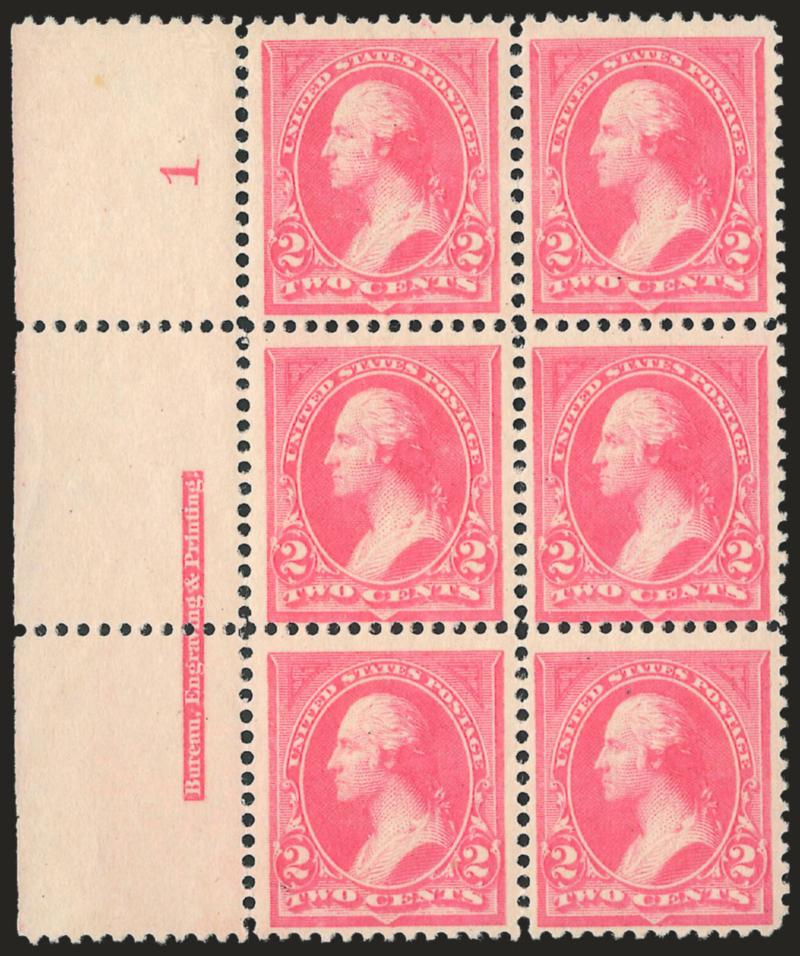 2c Pink, Ty. I (248).> Mint N.H. left imprint and <plate no. 1> block of six, brilliant color, natural gum crease affects top pair, Fine Mint N.H. plate block from the first Bureau plate