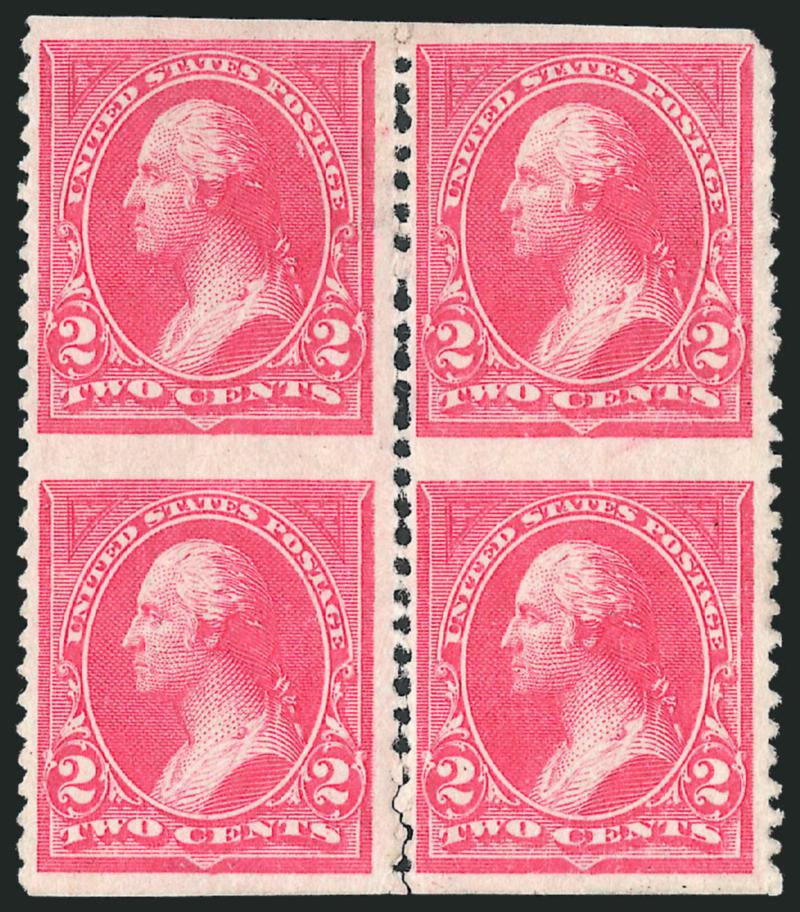 2c Pink, Block of Four, Imperforate Horizontally (248a).> Original gum, some perf flaws, mostly separated along vertical perfs<><>^FINE. A VERY IMPORTANT 1894 BUREAU ISSUE RARITY. THIS BLOCK IS REPORTEDLY
UNIQUE.^<><>Reports on Scott 248a indicat