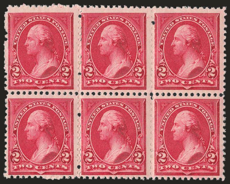 2c Carmine Lake, Ty. I (249).> Block of six, four stamps Mint N.H., side stamps at bottom small h.r., deep rich color, few natural gum wrinkles, unpunched perfs as often found on the unwatermarked Bureau issue,
Fine, Scott Retail as singles