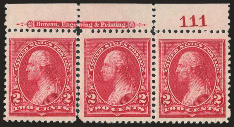 2c Carmine Lake, Ty. I (249).> Top imprint and plate no. 111 strip of three, large part original gum, rich color and detailed impression, perf separations between first two stamps, Fine-Extremely Fine, the right
stamp is a real Gem