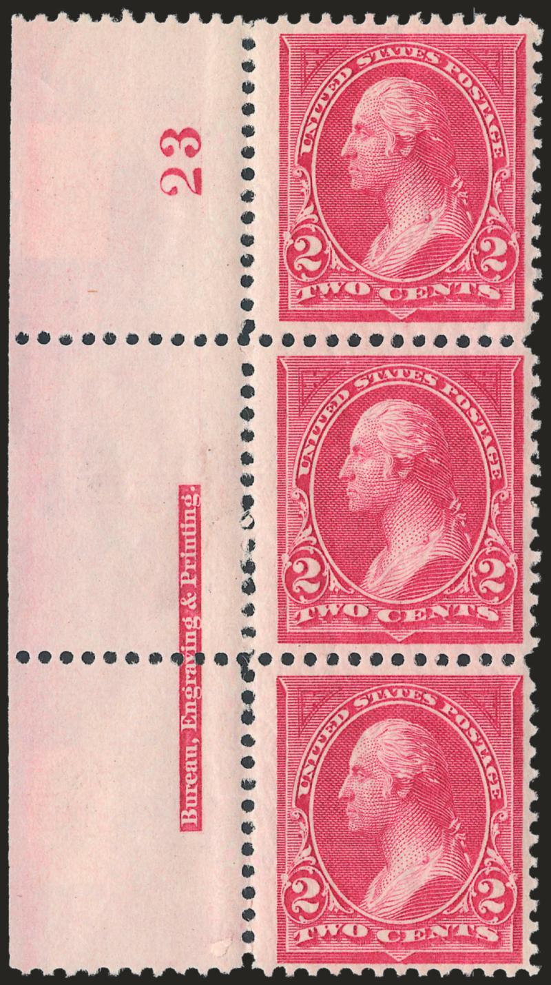 2c Carmine Lake, Ty. I (249).> Left imprint and plate no. 23 strip of three, stamps Mint N.H., h.r. in selvage, fresh color, Fine-Very Fine, an attractive strip, Scott Retail as three Mint N.H. singles