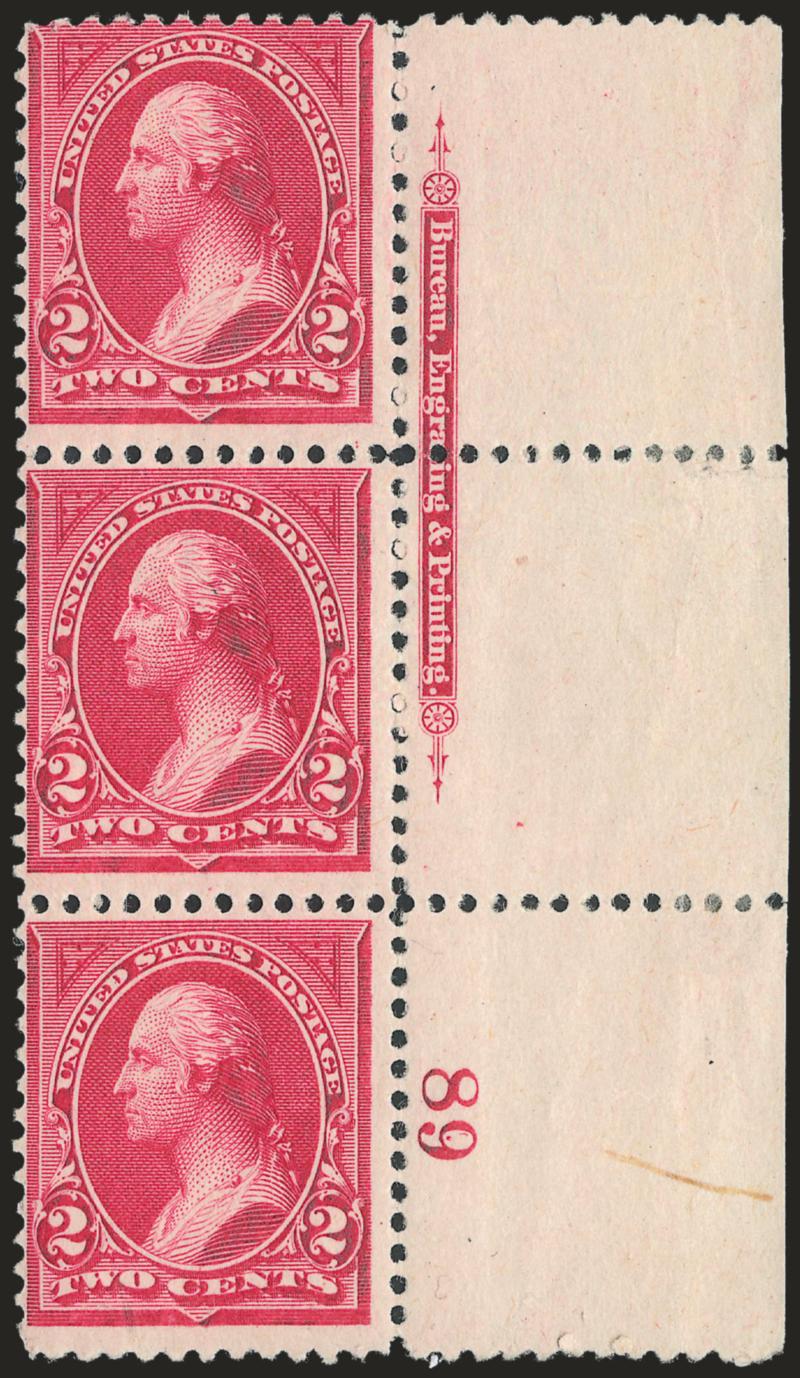 2c Carmine Lake, Ty. I (249).> Right imprint and <plate no. 89> strip of three, original gum, stamps lightly hinged, h.r. at edge of selvage where few perfs sensibly reinforced, center stamp natural gum wrinkle,
Fine, this is the rarest plate number