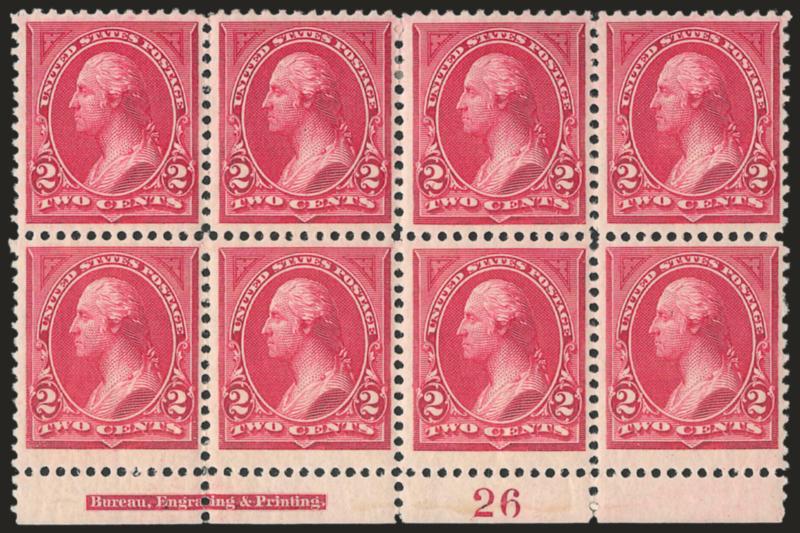2c Carmine Lake, Ty. I (249).> Bottom imprint and plate no. 26 block of eight, original gum, h.r. except plate no. single and bottom right stamps Mint N.H., rich color, Very Fine, Scott Retail as hinged