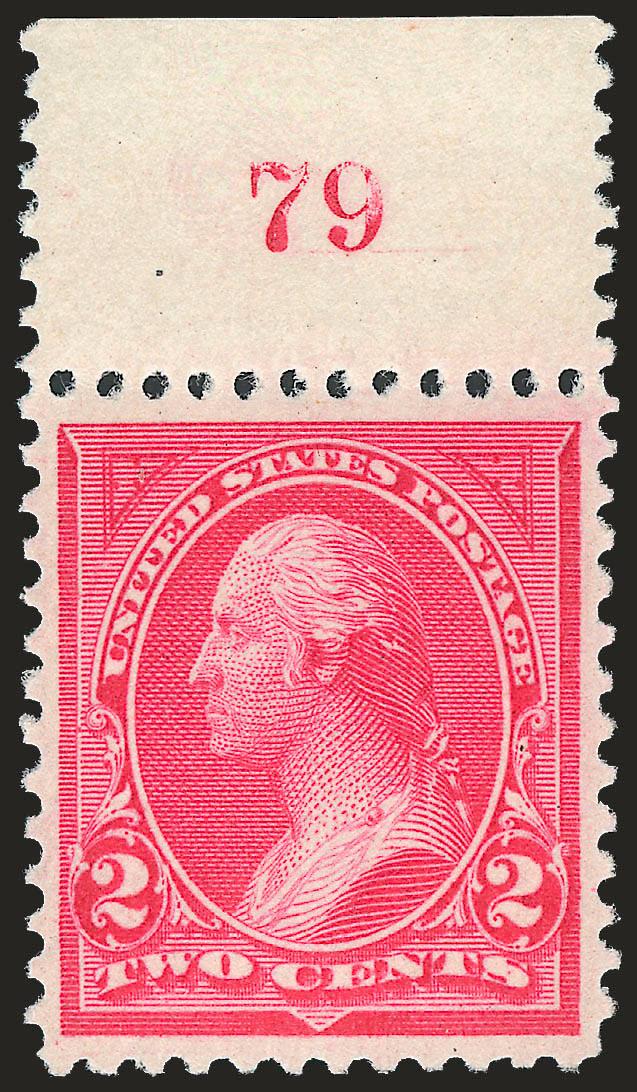 2c Carmine, Ty. I (250).> Mint N.H. with top plate no. 79 selvage, vibrant color, gorgeous centering, Extremely Fine Gem, a beautiful stamp