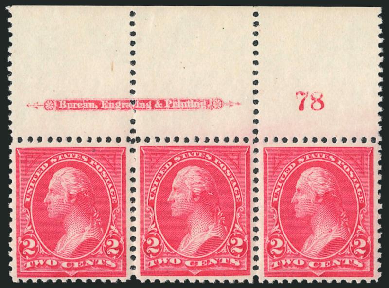 2c Carmine, Ty. I (250).> Mint N.H. top imprint and plate no. 78 strip of three, brilliant color, choice centering, left stamp small natural inclusion, Very Fine