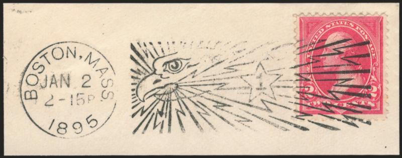 2c Carmine, Ty. I (250).> Bright color, tied by <Eagle & Thunderbolts Machine Cancel> with Boston Mass. Jan. 2 2-15 PM 1895 datestamp on piece, Extremely Fine, very rare, the Eagle & Thunderbolts machine cancel
was in use for only one day before be