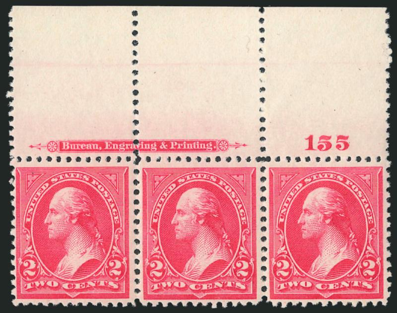 2c Carmine, Ty. III (252).> Top imprint and plate no. 155 strip of three, side stamps Mint N.H., center stamp lightly hinged, brilliant color, well-balanced margins, Very Fine and choice, Scott Retail as singles
with no premium for the position