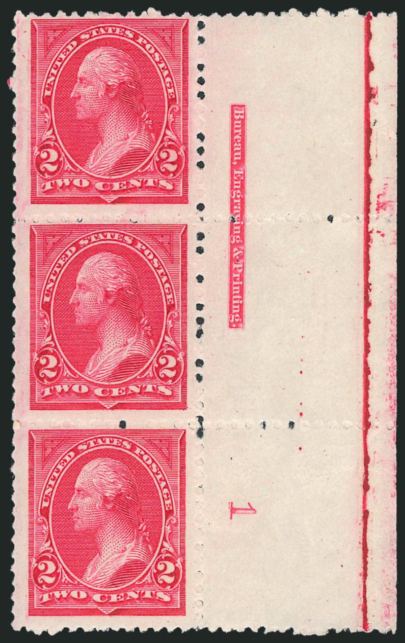 2c Carmine, Ty. I (250).> 23 side imprint and plate no. strips of three, all different plate nos. incl. nos. 1, 3, 4, 5, 9, 13, 16, 20, 23, 25, 26 etc. up to 144, many stamps Mint N.H., some differences in
shades, overall Fine-Very Fine, Scott Retail
