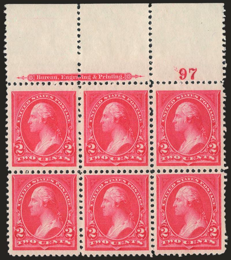 2c Carmine, Ty. I (250).> Top imprint and plate no. 97 block of six with wide selvage, five stamps Mint N.H., top center stamp single hinge mark, brilliant color, tiny perf flaw between right pair at top,
otherwise Very Fine, Scott Retail as singles