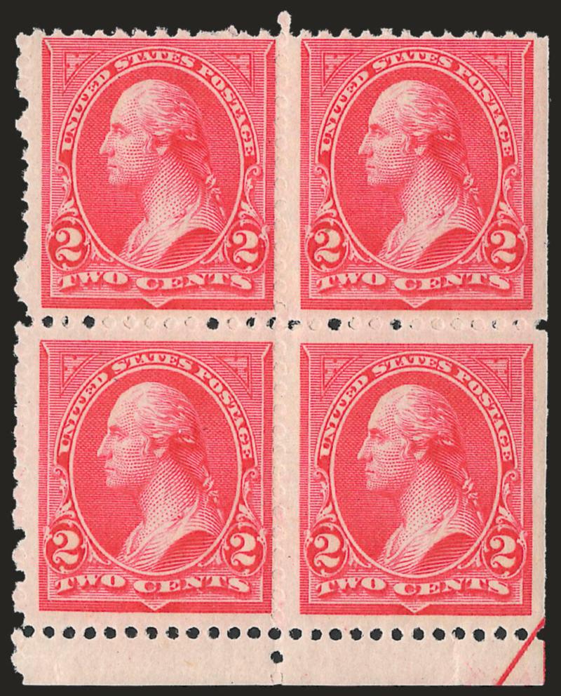 2c Carmine, Ty. II (251).> Block of four with selvage at bottom, natural s.e. with part arrow at right, three stamps Mint N.H., top right stamp single hinge mark, radiant color, fresh and Fine-Very Fine, Scott
Retail as singles