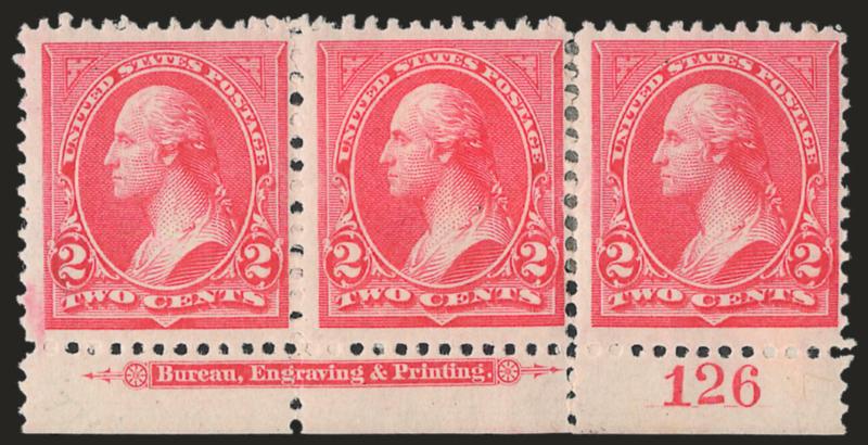 2c Carmine, Ty. II (251).> Bottom imprint and plate no. 126 strip of three, original gum, bit heavy h.r. incl. some perf separations reinforced, Fine