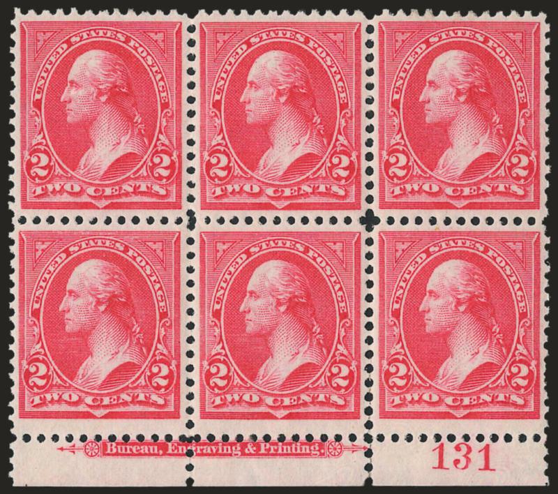 2c Carmine, Ty. II (251).> Bottom imprint and plate no. 131 bock of six, original gum, lightly hinged, brilliant color, choice centering throughout, some perf separations<><>^VERY FINE-EXTREMELY FINE. A
BEAUTIFUL ORIGINAL-GUM PLATE BLOCK OF THE 2-C