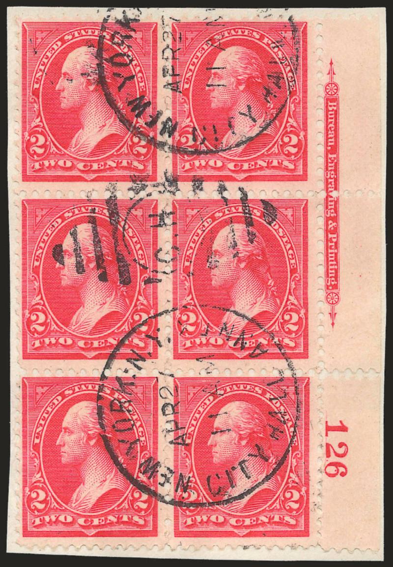 2c Carmine, Ty. II (251).> Right imprint and plate no. 126 block of six, tied by New York N.Y., City Hall Annex, Apr. 27 11AM duplex cancels on small piece, light crease in plate no. selvage, Fine appearance, an
extremely rare used plate block, unp
