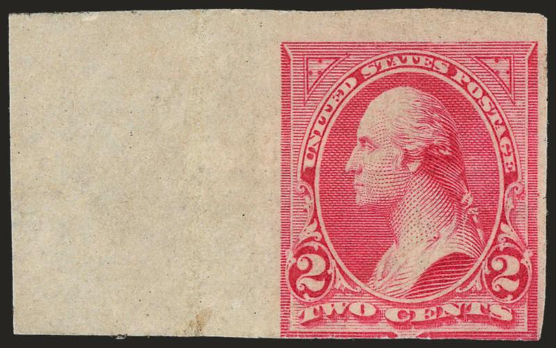 2c Carmine, Ty. II, Imperforate (251 var).> Part disturbed original gum, huge margins to just touched at bottom incl. sheet margin at left, bright color, few flaws (accompanying certificate states defective),
Fine appearance, a rare variety which i