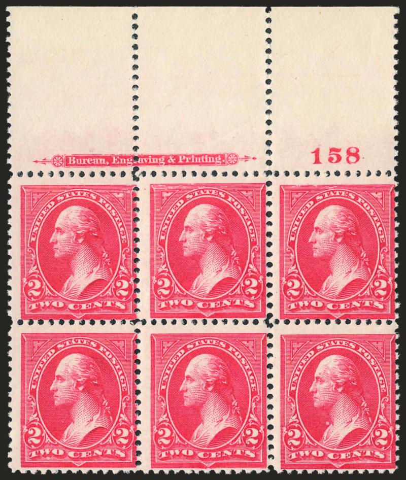 2c Carmine, Ty. III (252).> Top imprint and plate no. 158 block of six with wide selvage, five stamps Mint N.H., top center stamp single h.r., radiant color, top stamps each with one incomplete triangle caused
by plate wear, Fine, Scott Retail as sin