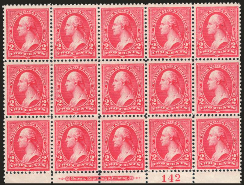 2c Carmine, Ty. III (252).> Bottom imprint and plate no. 142 block of fifteen, top right and bottom right stamps Mint N.H., others original gum, few small h.r. where trivial perf separations sensibly reinforced,
brilliant color, bottom center stamp a