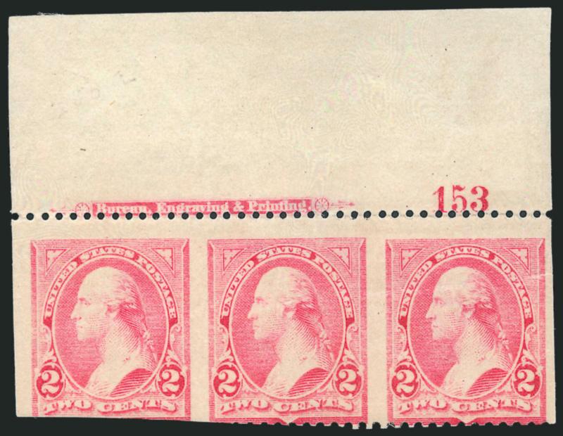 2c Carmine, Ty. III, Imperforate Vertically (252b).> Top imprint and plate no. 153 strip of three, original gum, lightly hinged, brilliant color, perfs trimmed at lower left, natural paper wrinkle affects right
two stamps<><>^FINE. THIS TOP IMPRINT