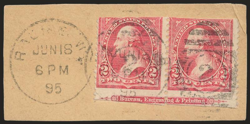 2c Carmine, Ty. III, Imperforate Horizontally (252).> Horizontal pair with imprint at bottom and cut part at top just into design, tied by Racine Wis. Jun. 18 6PM 1895 duplex cancels on small piece, Very Fine,
very rare and unusual item, this may b
