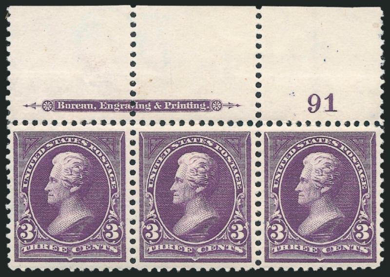 3c Purple (253).> Top imprint and plate no. 91 strip of three, original gum, small h.r., deep rich color, choice centering throughout, Extremely Fine, a beautiful position piece