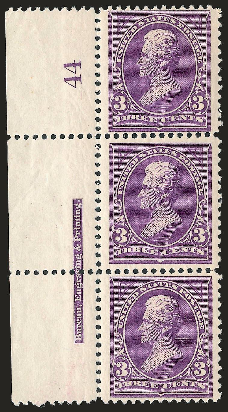 3c Purple (253).> Mint N.H. left imprint and plate no. 44 strip of three, rich color on bright paper, few minor perf separations, Very Fine