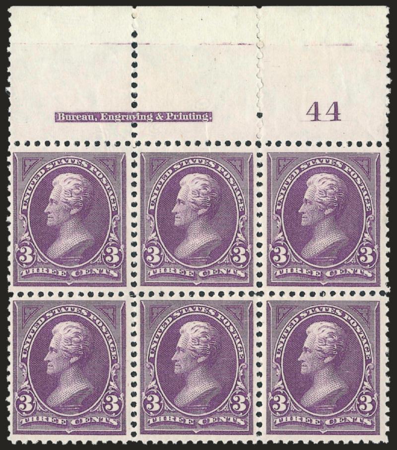 3c Purple (253).> Top imprint and plate no. 44 block of six with wide selvage, original gum, barely hinged, choice centering, few minor perf separations, light natural gum wrinkle, Very Fine, an attractive plate
block