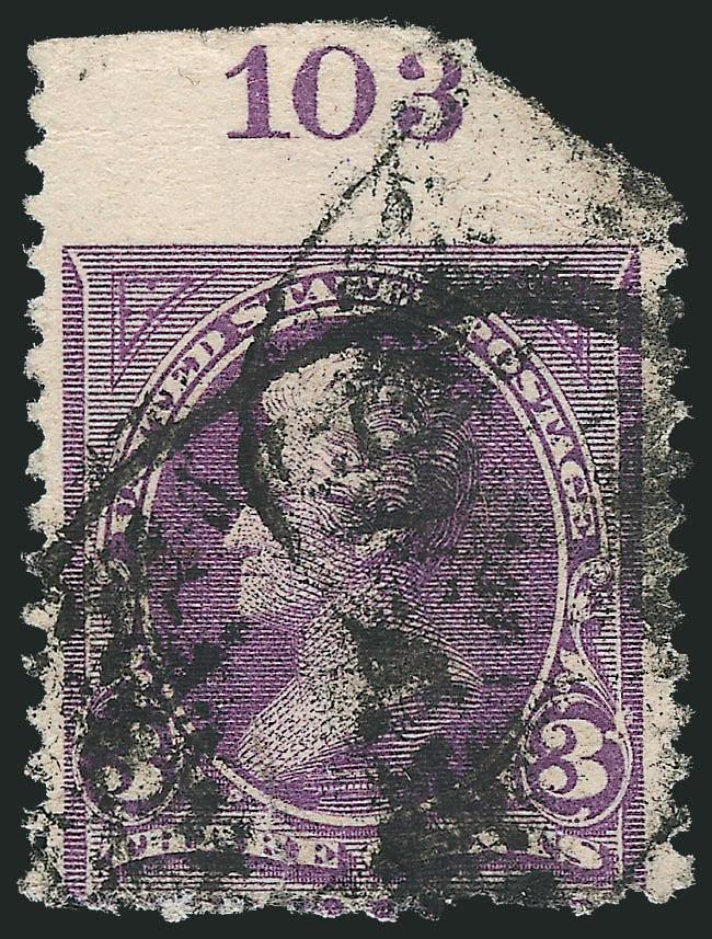 3c Purple, Imperforate at Top (253 var).> Perforated on three sides and with plate no. 103 at top where imperforate, bold cancels, few flaws incl. sealed tear, Fine appearance, scarce, unlisted in Scott