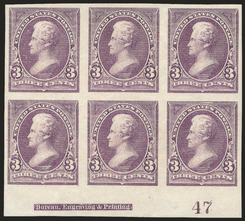 3c Purple, Imperforate (253a).> Bottom imprint and plate no. 47 block of six, large margins, brilliant color, original gum, h.r., left pair vertical crease<><>^VERY FINE. AN EXCEEDINGLY RARE IMPRINT AND PLATE
NUMBER BLOCK OF SIX OF THE 1894 3-CENT