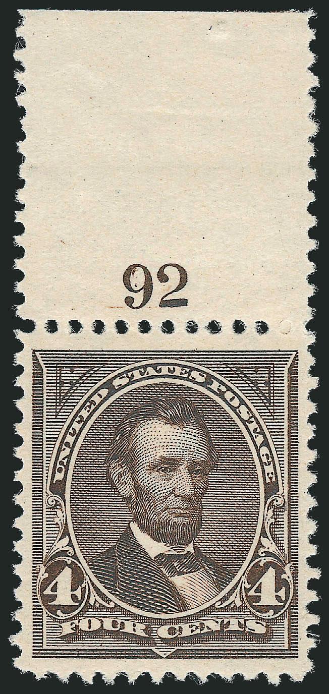 4c Dark Brown (254).> Mint N.H. with plate no. 92 at top with extra wide selvage, almost perfectly centered with wide and balanced margins, bright shade, Extremely Fine Gem, a superb stamp in every
respect