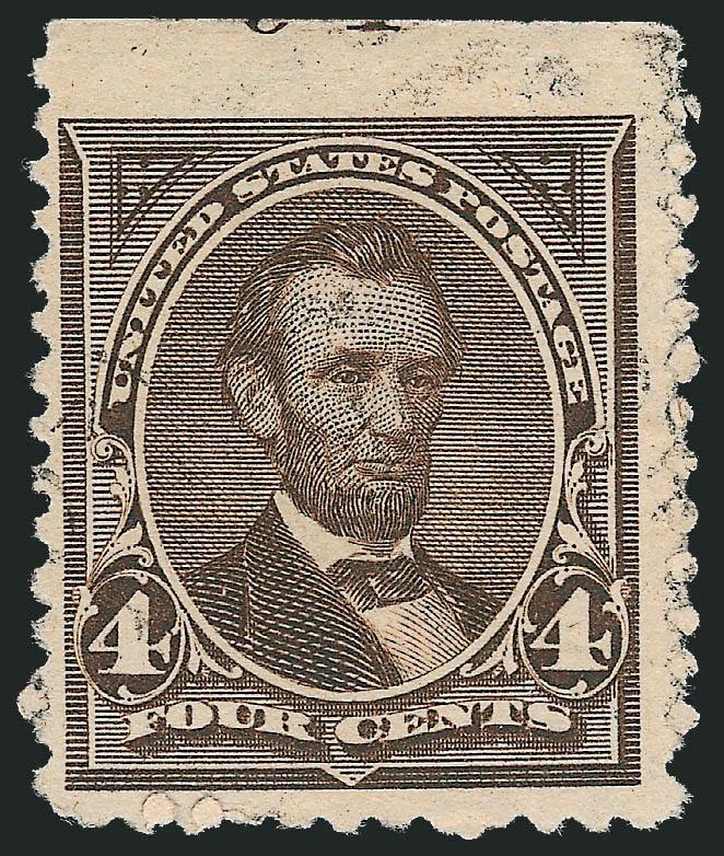 4c Dark Brown (254).> Lightly cancelled, s.e. at top with part of plate no., Very Fine, technically this should have perfs at top between the stamp and the plate no. but there must have been an extraordinarily
wide setting