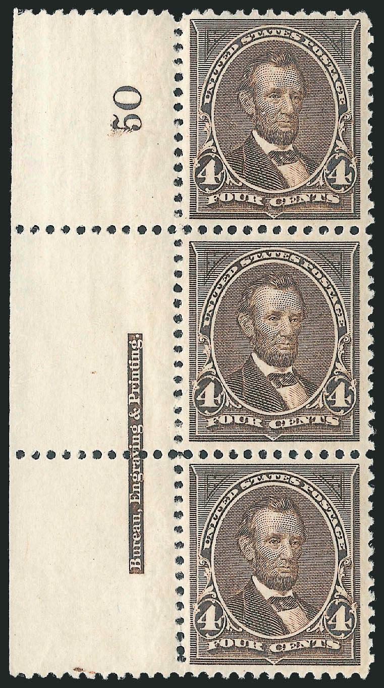 4c Dark Brown (254).> Left imprint and plate no. 50 strip of three, slightly crackly original gum as often found on this issue, lightly hinged, rich color, Very Fine, an attractive multiple