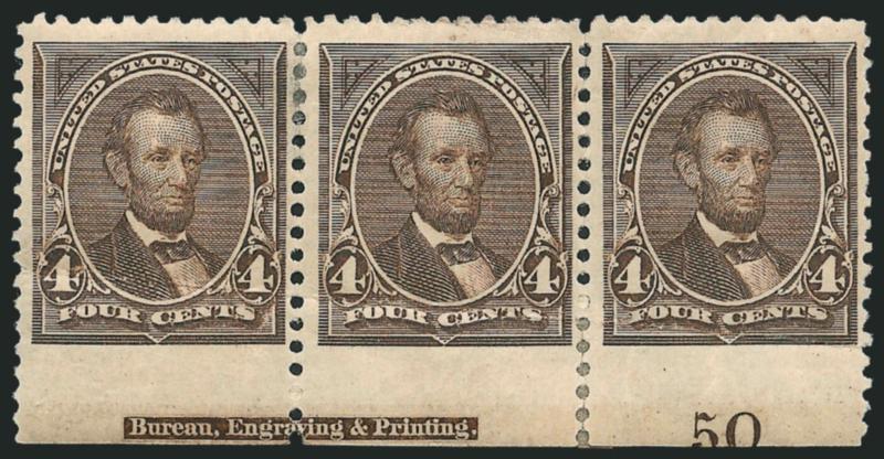 4c Dark Brown, Imperforate at Bottom (254 var).> Bottom imprint and plate no. 50 strip of three, original gum, h.r. where few perf separations sensibly reinforced, diagonal crease at bottom of stamps, still Very
Fine, unusual variety which is unliste