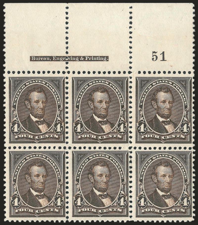 4c Dark Brown (254).> Mint N.H. top imprint and plate no. 51 block of six with wide selvage, deep rich color, left stamps light natural gum wrinkle, Fine-Very Fine