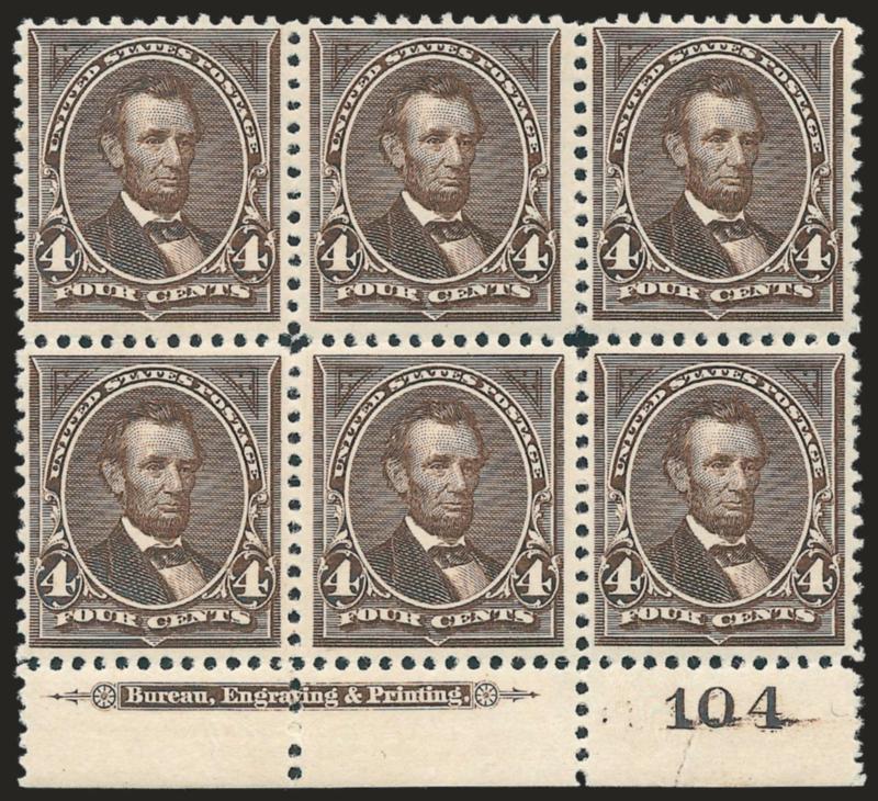 4c Dark Brown (254).> Bottom imprint and plate no. 104 block of six, original gum, rich color, small sealed tear in plate no. selvage, Very Fine appearance