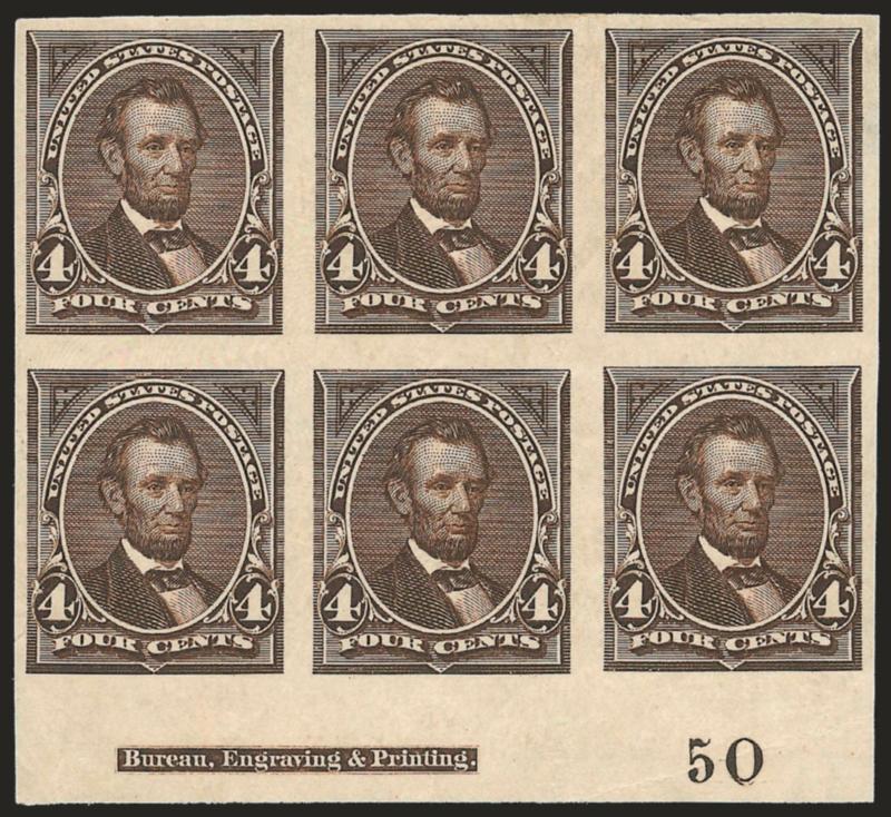 4c Dark Brown, Imperforate (254a).> Bottom imprint and plate no. 50 block of six, large margins, original gum, rich color<><>^VERY FINE. AN EXCEEDINGLY RARE IMPRINT AND PLATE NUMBER BLOCK OF SIX OF THE 1894
4-CENT IMPERFORATE UNWATERMARKED BUREAU I